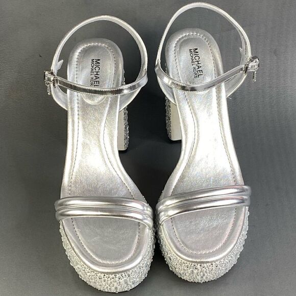 Laci Embellished Metallic Leather Platform Sandal in SILVER  Michael Kors Women Laci Embellished Metallic High Heel Platform Sandal size 9.5